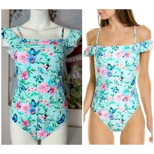 Nanette Lepore Blue Floral Butterfly Ruffle Strap One Piece Swimsuit Size 12